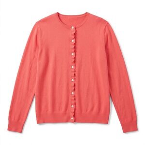 Lands' End XL Coral Pink Womens Cardigan Sweater Ruffle Preppy Casual